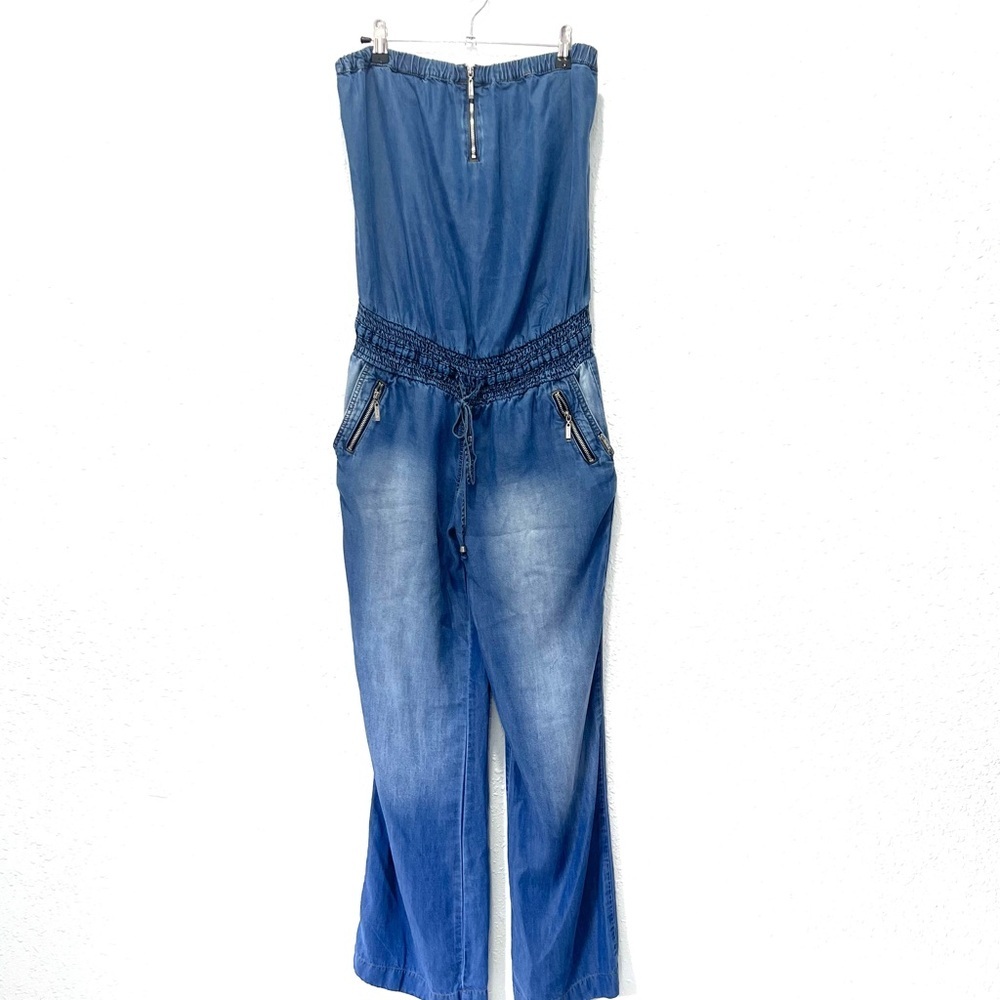 Strapless straight leg Blue Denim Jumpsuit 6/medium